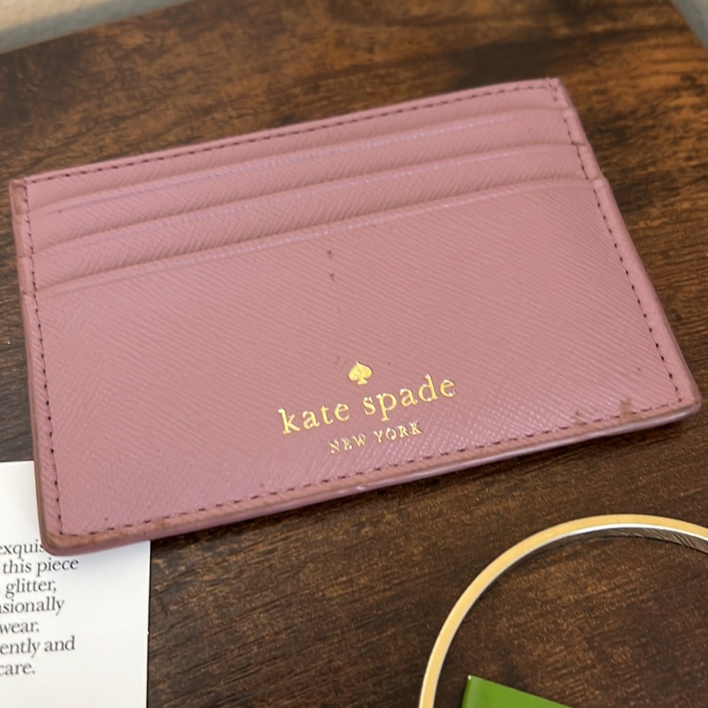 Kate Spade Bundle Heart of Gold Bangle Bracelet and Pink Card Case EUC - Picture 2 of 10